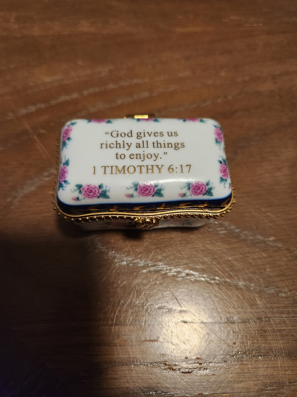 Imperial Porcelain White Trinket Box with Pink Rose Border and Gold Trim